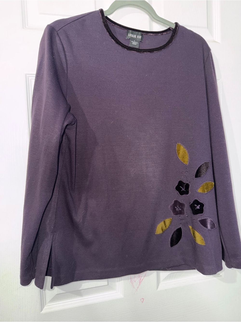 Leslie Fay Plum Long-Sleeve Floral Appliqué Tee